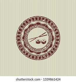 Red sushi icon inside distress rubber stamp