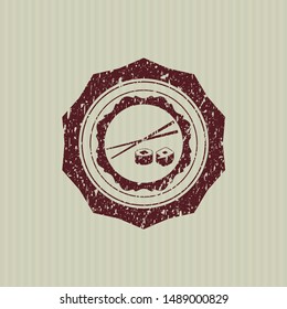 Red sushi icon inside distressed rubber stamp with grunge texture