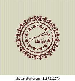 Red sushi icon inside rubber stamp