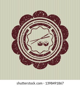 Red sushi icon inside rubber stamp with grunge texture