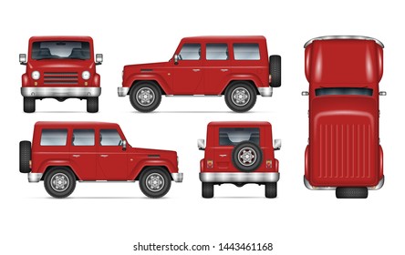 Red SUV car vector mockup for vehicle branding, advertising, corporate identity. Isolated template of realistic offroad truck on white background. All elements in the groups on separate layers