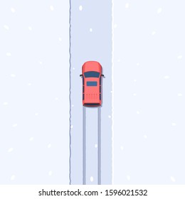 Red SUV On Snowy Road Under Snowfall. Snowy Landscape With Car Top View. Vector Illustration