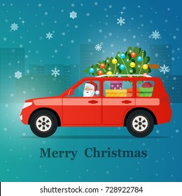 Red SUV with santa claus, christmas tree and gift boxes. Vector flat style illustration