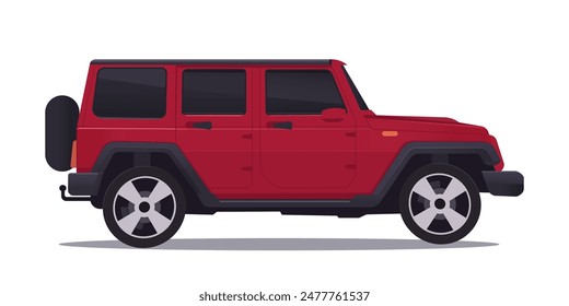 Vista lateral del SUV rojo sobre fondo blanco. Ilustración vectorial