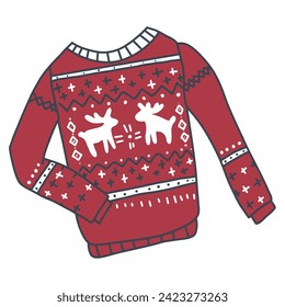 A red sweater with a moose and stars on it. Cute drawing. Vector illustration.