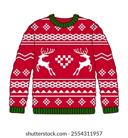 Red sweater with scandinavian pattern and deer ornament. ugly sweater for christmas party. vector illustration on white background