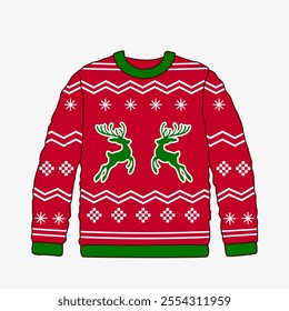 Red sweater with scandinavian pattern and deer ornament. ugly sweater for christmas party. vector illustration on white background