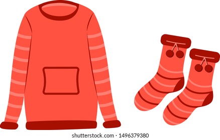 Red sweater and red socks. Warm clothes in the cold season. Set. Icon illustration. Sticker
