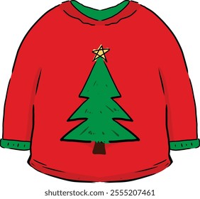 a red sweater use for winter weather and tree natal motif