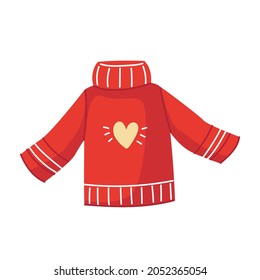 Red sweater with white stripes and a heart in a cartoon children s flat style. Vector illustration with New Year s clothes. Christmas clipart