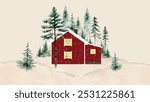 Red Swedish House in winter on the background of Coniferous forest Painted by hand with watercolour. Winter Country Holiday Concept in Scandinavia