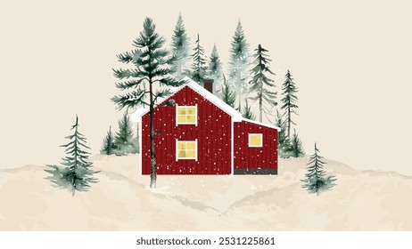 Red Swedish House in winter on the background of Coniferous forest Painted by hand with watercolour. Winter Country Holiday Concept in Scandinavia