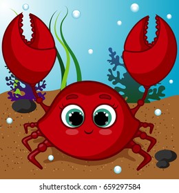 Red Sweet Crab Character, Underwater World, Smiling Crab, Cartoon Hand Drawn Vector Illustration EPS 10