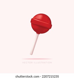 Red sweet lollipops. Round candy on a stick. 3d vector illustration in cartoon minimal style