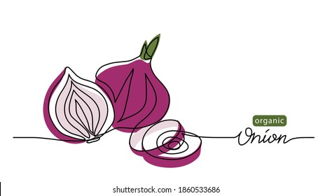 Red sweet onion vector sketch illustration, background. One line drawing art illustration with lettering organic onion.