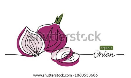 Red sweet onion vector sketch illustration, background. One line drawing art illustration with lettering organic onion.