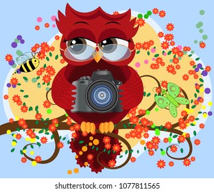 A red sweet owl in glasses and with a camera sits on a flowering branch of a tree. Photo business, photographer, vocation, profession