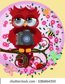 A red sweet owl in glasses and with a camera sits on a flowering branch of a tree. Photo business, photographer, vocation, profession