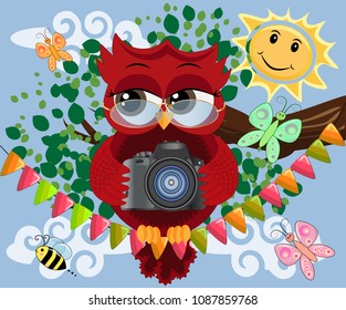 A red sweet owl with glasses and a camera sits on a garland of flags on a clear sunny day. Photo business, photographer, vocation, profession