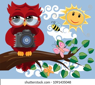 A red sweet owl with glasses and a camera sits on a tree branch on a clear sunny day. Photo business, photographer, vocation, profession