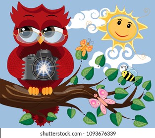 A red sweet owl with glasses and a camera sits on a tree branch on a clear sunny day. Photo business, photographer, vocation, profession