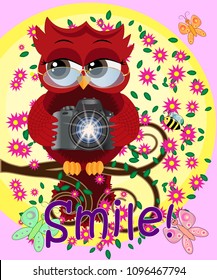 A red sweet owl in glasses and with a camera sits on a flowering branch of a tree. Photo business, photographer, vocation, profession