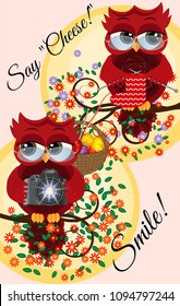 A red sweet owl wearing glasses and with a camera sits on a flowering tree branch, her owl girlfriend knitting a sock. Photo business, photographer, vocation, profession