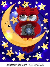 A red sweet owl wearing spectacles and with a camera sits on the moon in the middle of the night and the stars. Photo business, photographer, vocation, profession