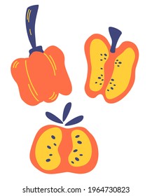 Red sweet peppers and slices set. Pepper icon. Vegetables abstract illustration. Cooking ingredients for your design. Vector cartoon flat style illustration. 