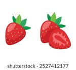 Red sweet strawberrry juicy fruit berry set isolated on white background. Strawberry cut in half. Vector illustration