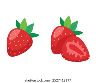 Conjunto de bayas de fruta jugosa de fresa dulce roja aislado sobre fondo blanco. Fresa cortada por la mitad. Ilustración vectorial