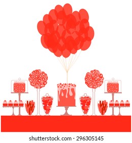 Red sweet table with balloons. Vector illustration