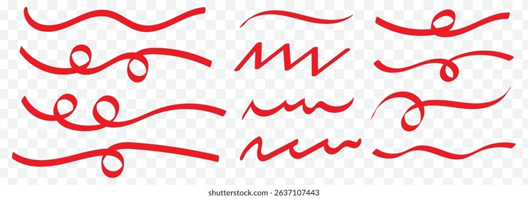 Red Swift crossed and wavy underlines. Underline markers collection. Vector illustration of scribble lines isolated on Transparent background. EPS 10.