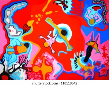 red swimming, child, animals, paintings