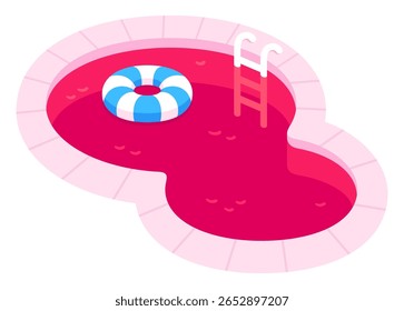 Ilustración vectorial roja de la piscina en estilo plano de la historieta. Piscina al aire libre con fondo de color rojo y anillo de flotador inflable.