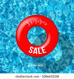 Red swimming ring with Summer Sale text on blue pool water background. Vector illustration.