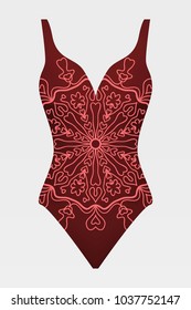 Red swimsuit design. Vector illustration of red swimsuit vwith mandala ornament. White backround