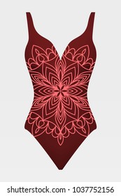 Red swimsuit design. Vector illustration of red swimsuit vwith mandala ornament. White backround