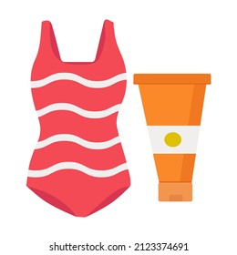 Red swimsuit and sunscreen on a white background. Vector isolated objects for use in clipart