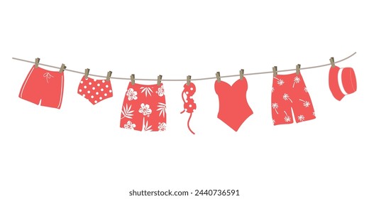 Red swimsuits and swimming trunks hanging on a clothesline. Beautiful swim wear dry on clothespins after swimming. Summer vector illustration in red colors