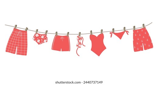 Bañadores y bañadores rojos colgados en un tendedero. Hermoso traje de baño seco en pinzas de ropa después de nadar. Ilustración vectorial de verano en colores rojos