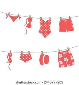 Red swimsuits and swimming trunks hanging on clotheslines. Beautiful swim wear dry on clothespins after swimming. Summer vector illustration in red colors