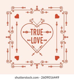 Red swirl art deco square border frame pattern card with words True Love with hearts and dividers icons on pink background