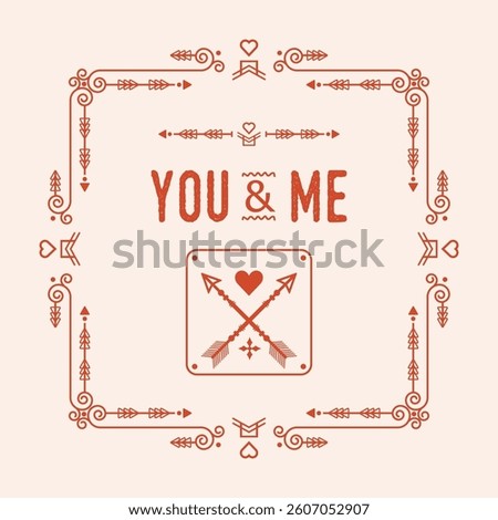 Red swirl art deco square border frame pattern card with words You and Me heart and crossed arrow emblem icons on pink background