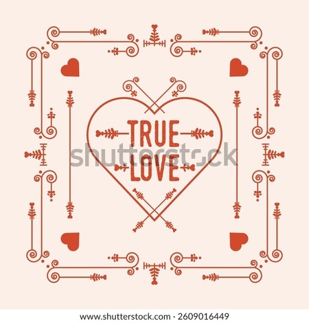 Red swirl art deco square border frame pattern card with words True Love with hearts and dividers icons on pink background