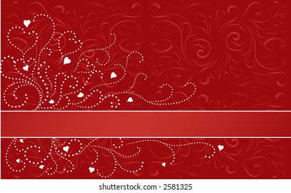 Red swirl patterned background with white dot swirls and hearts and a horizontal stripe