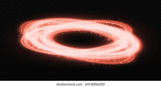 Red swirl rings twinkle on transparent background. Magic light trail with bright stars. Sparkle twirl circles with light effect.