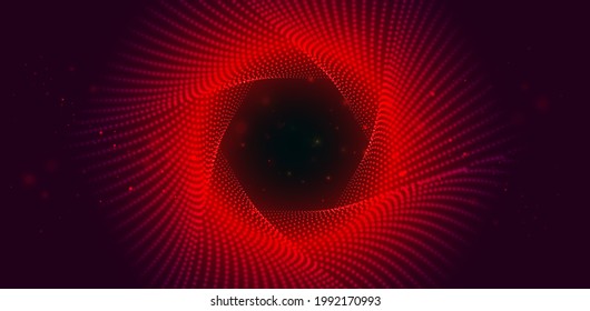 Red swirling background from small glowing particles. Infinite round twisted tunnel of shining flares. Sci Fi background.