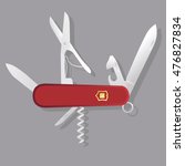 Red Swiss knife, red multi-tool, multipurpose penknife isolated vector; Multifunctional tool
