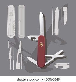 Red Swiss knife, multi-tool, multipurpose penknife isolated vector